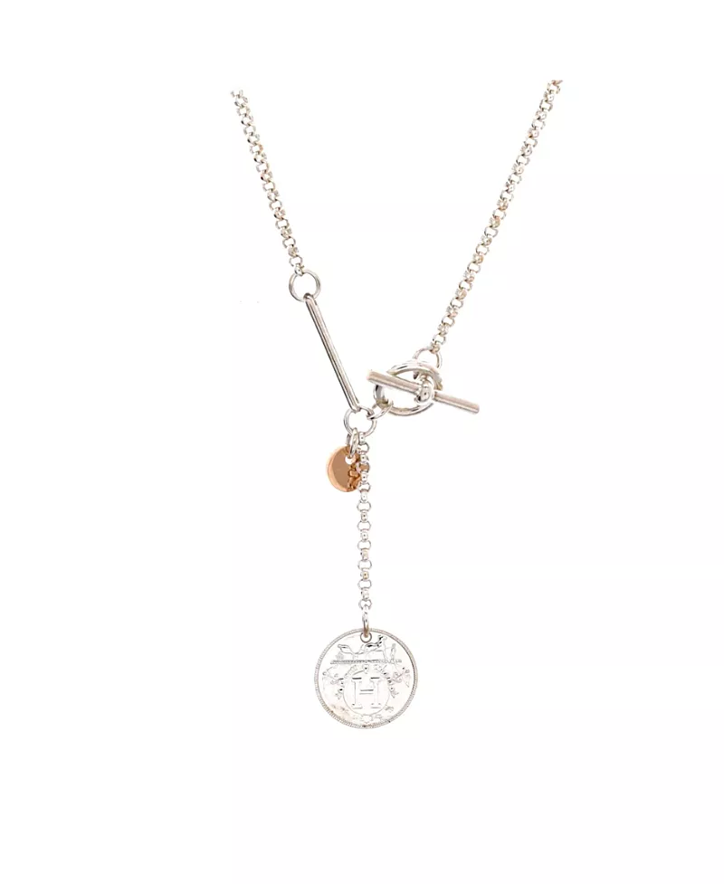 Pre-Owned HERMES Small Ex-Libris Long Necklace Sterling Silver with 18K Rose Gold, 16