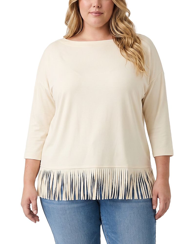 Karen Kane Plus Size Three Quarter Sleeve Fringe Trim Boat Neck Top