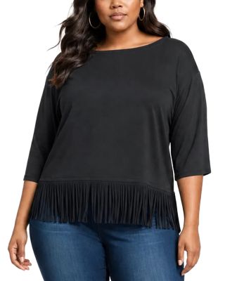Plus Size Three Quarter Sleeve Fringe Trim Boat Neck Top