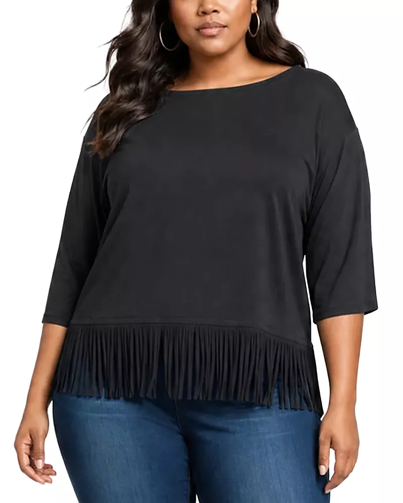 Karen Kane Plus Size Three Quarter Sleeve Fringe Trim Boat Neck Top