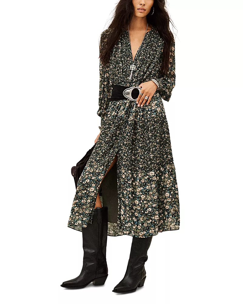 ba & sh Kacy Split Neck Midi Dress