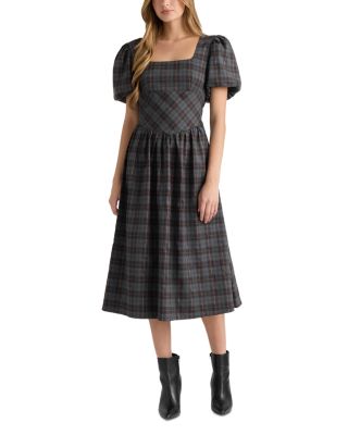 Plaid Square Neck Midi Dress