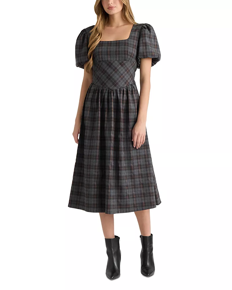 Nvlt Plaid Square Neck Midi Dress