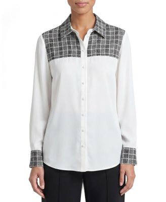 Mixed Media Plaid Crepe de Chine Blouse