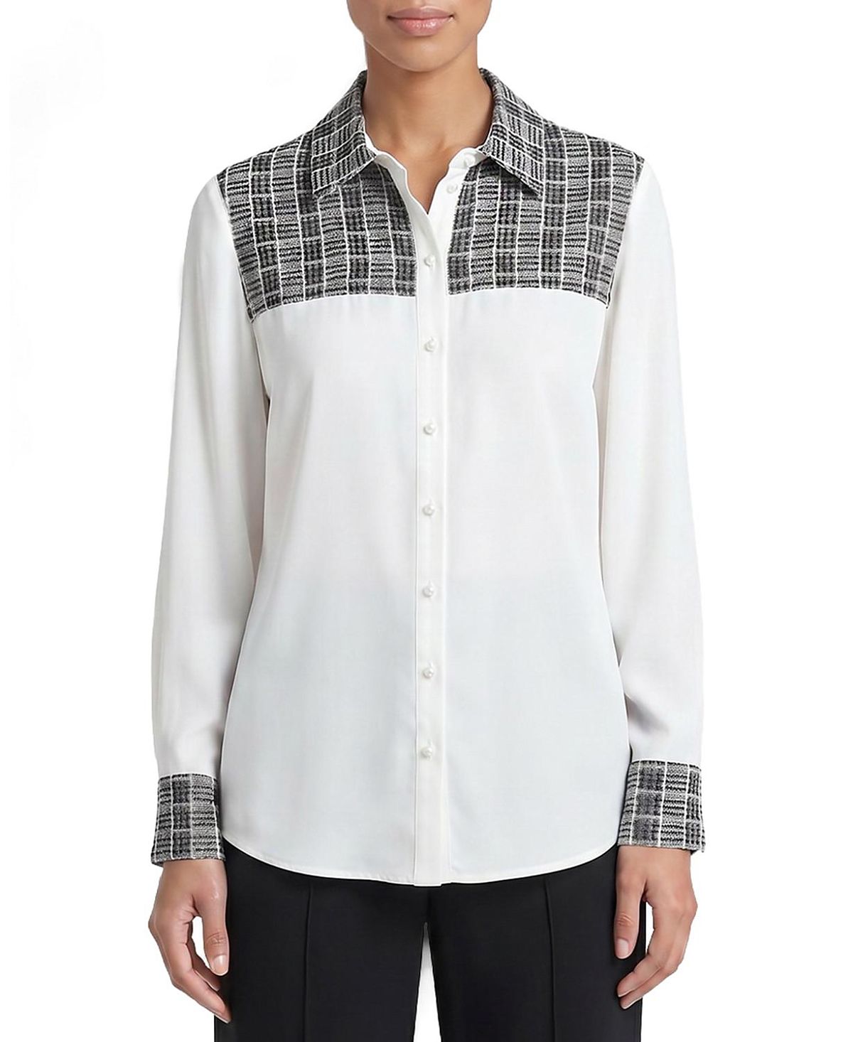 Misook Mixed Media Plaid Crepe de Chine Blouse