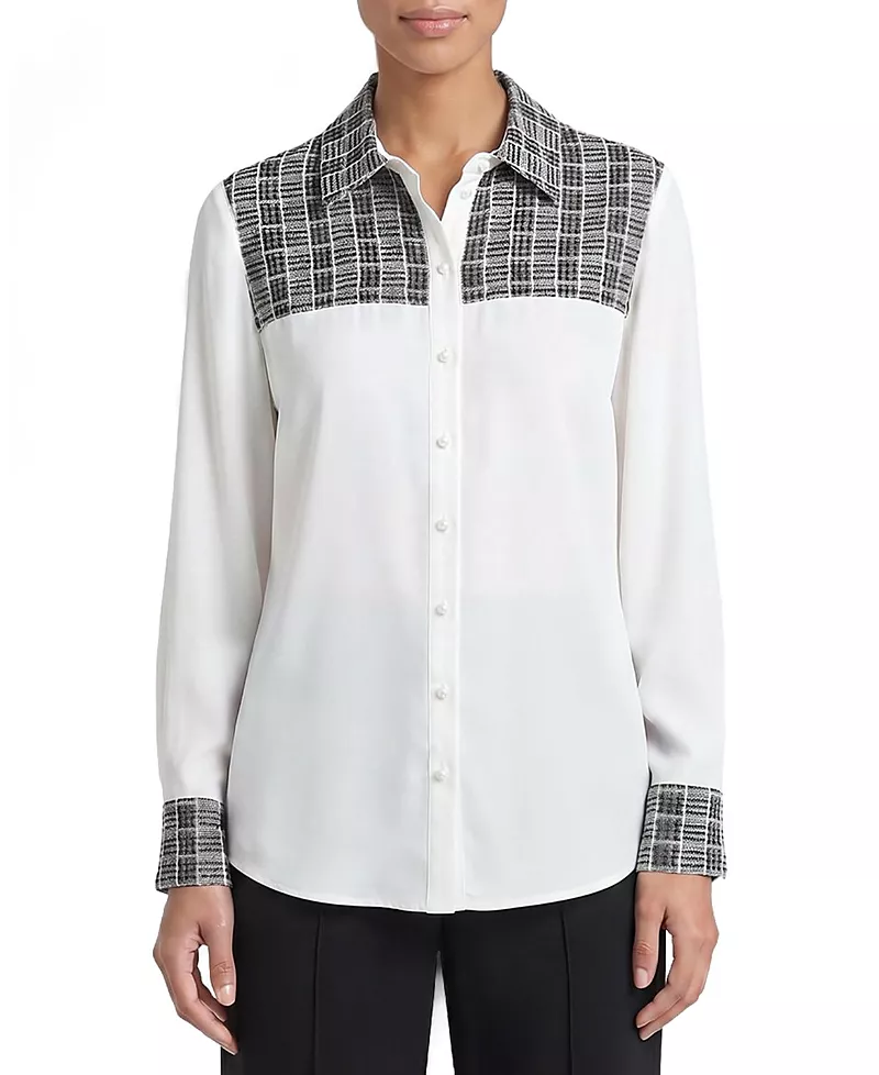Misook Mixed Media Plaid Crepe de Chine Blouse