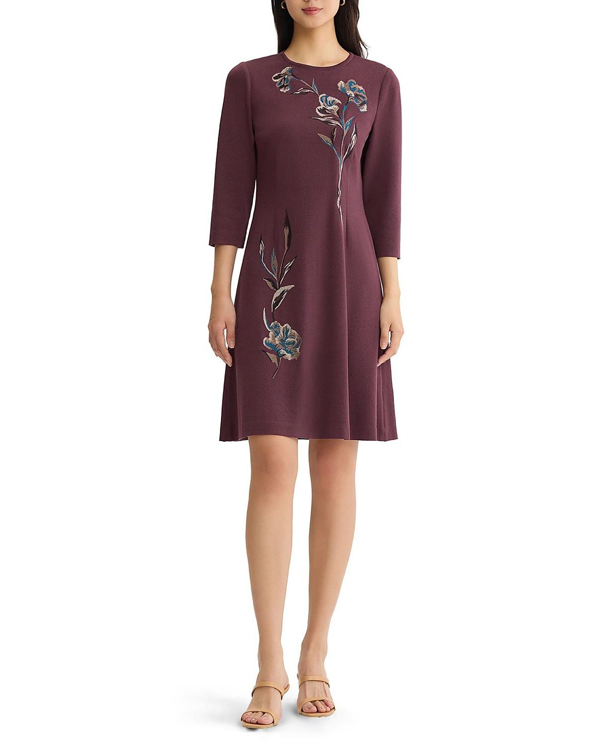 Misook Floral Embroidered A-Line Soft Knit Dress