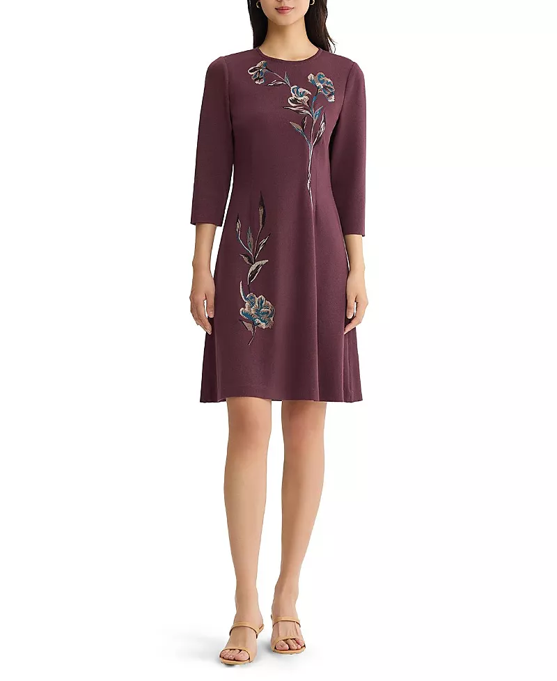 Misook Floral Embroidered A-Line Soft Knit Dress