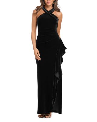 Velvet Halter Ruffled Maxi Dress - Exclusive