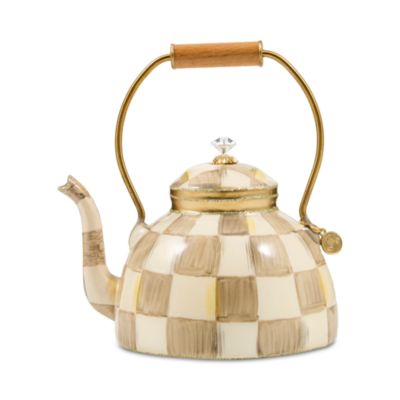 Mocha Check Tea Kettle Glass Ornament