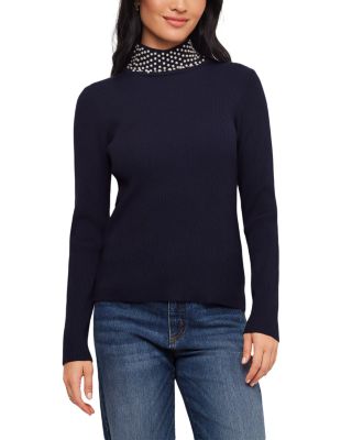 Faux Peal Embellished Turtleneck Ribbed Sweater 