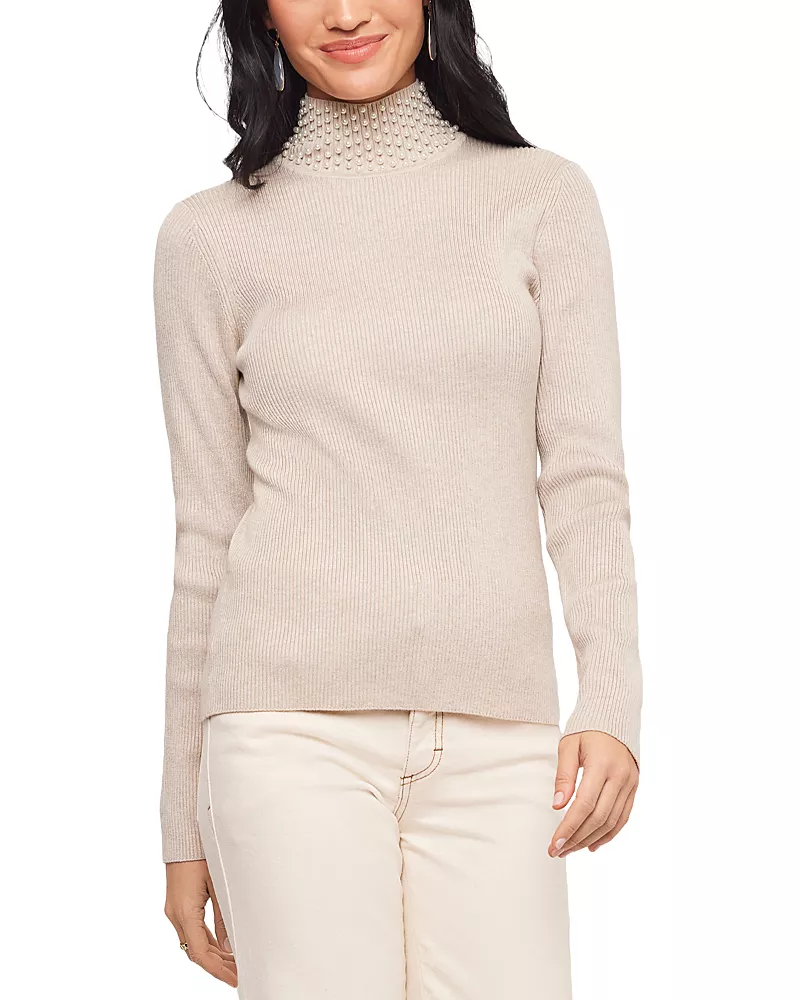 Karen Kane Faux Peal Embellished Turtleneck Ribbed Sweater