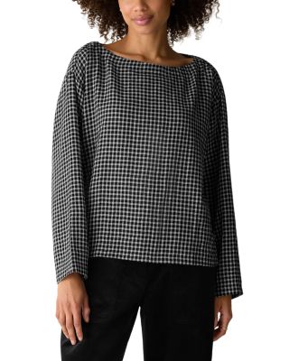 Eileen Fisher Wool Cotton Check Bateau Neck Boxy Top