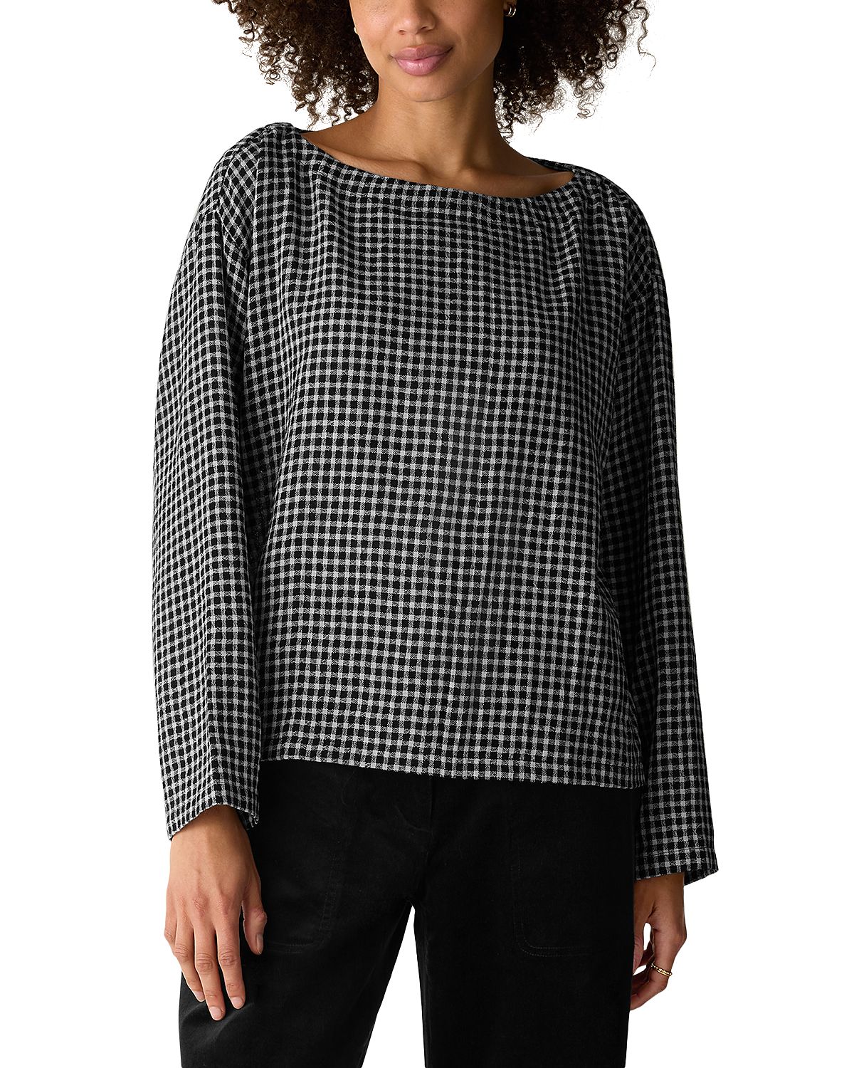 Eileen Fisher Wool Cotton Check Bateau Neck Boxy Top