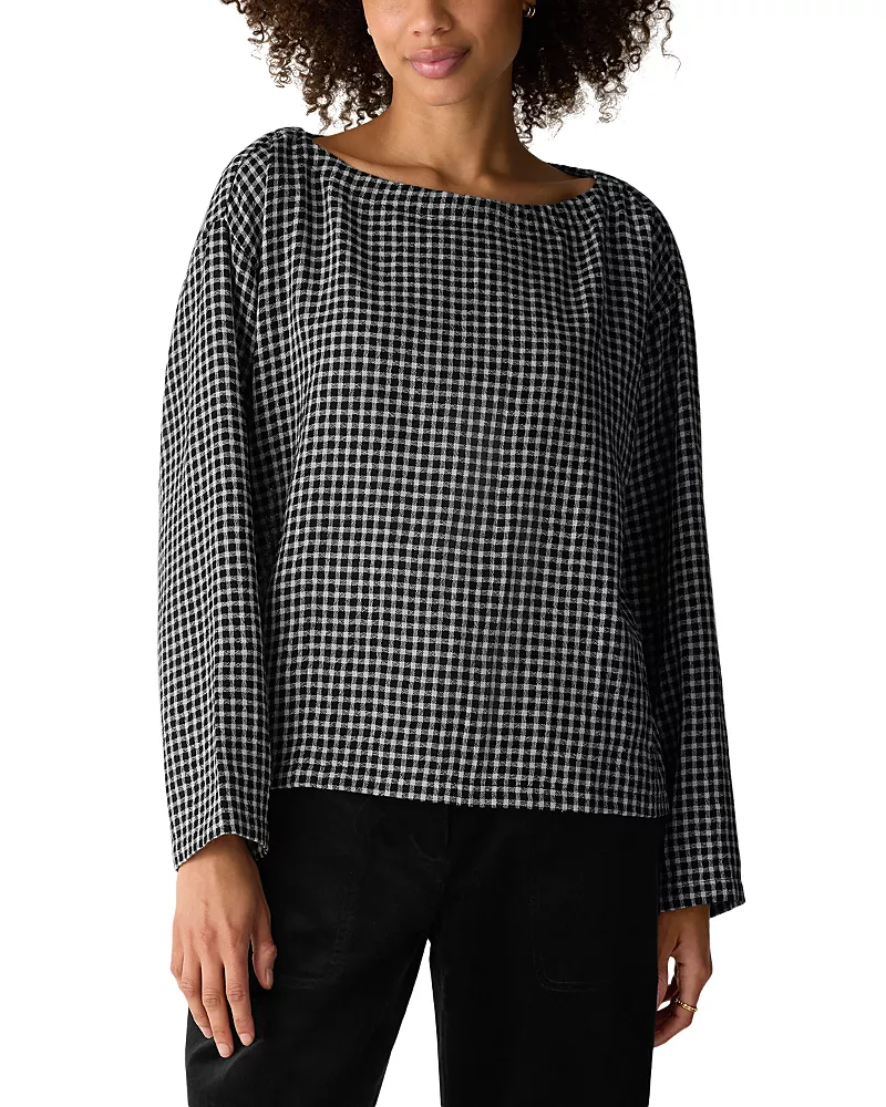 Eileen Fisher Wool Cotton Check Bateau Neck Boxy Top