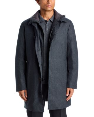 Wool Flannel Storm System Down Filled Car Coat With Removable Bib