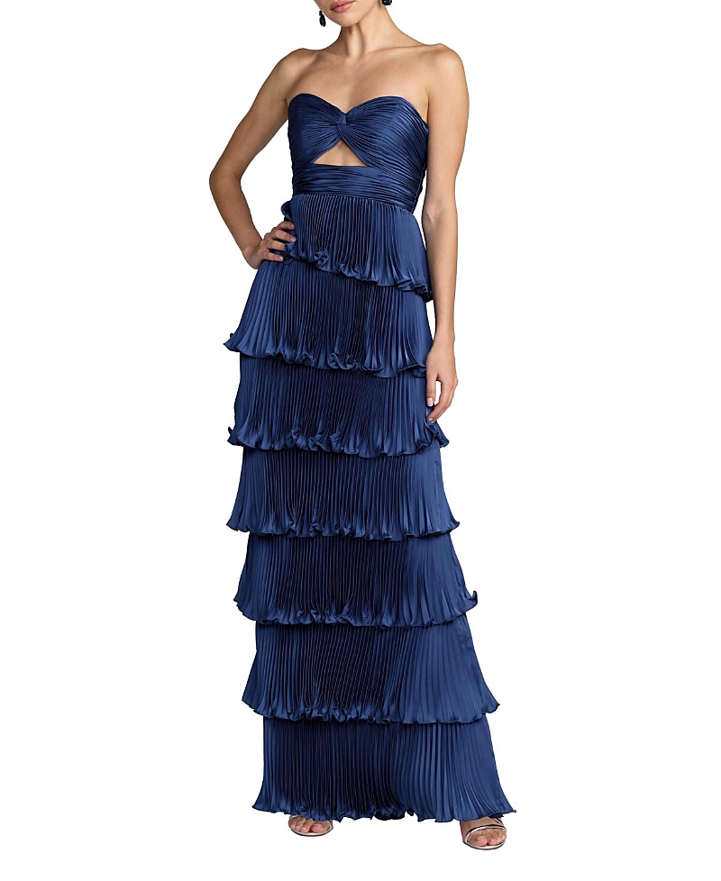 Mac Duggal Pleated Charmeuse Strapless Tiered Ruffle Gown