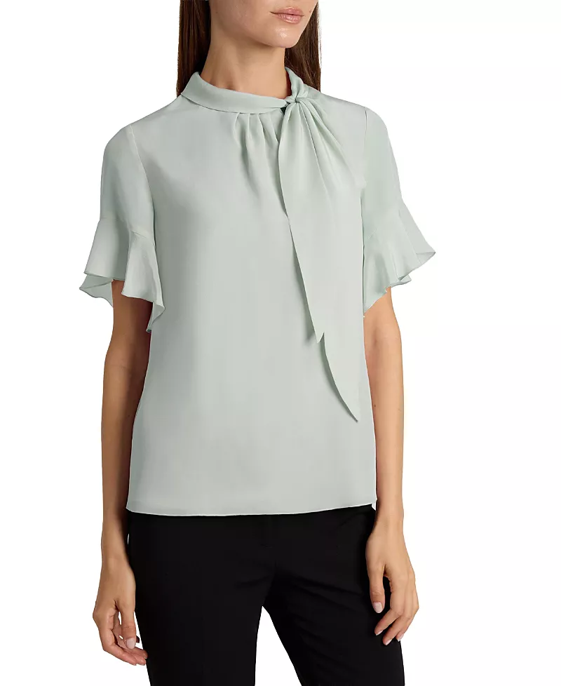 Santorelli Athena Silk Blouse with Short Flutter Sleeves