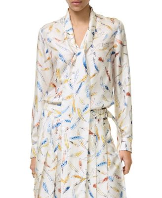  Feather Print Silk Scarf Blouse