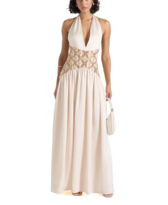 Ava Halterneck Embellished Corset Gathered Maxi Dress