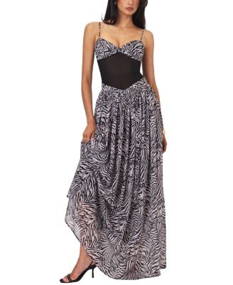  Onora Zebra Print Chiffon Dipped Waist Maxi Dress