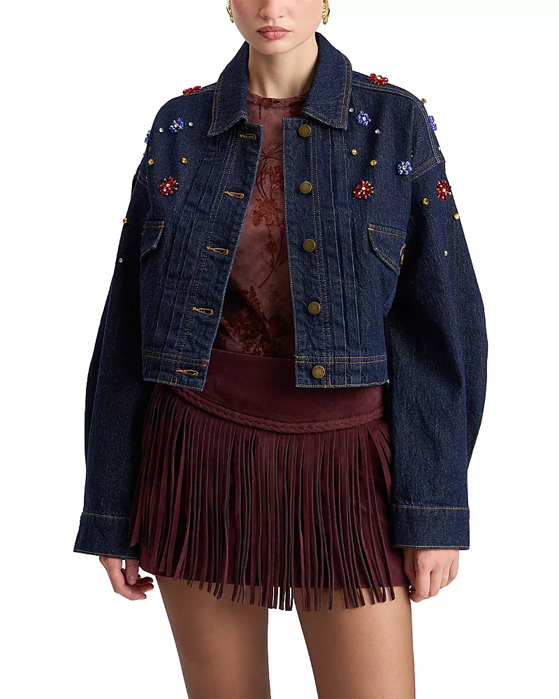 Avec Les Filles Rhinestone Embellished Cropped Denim Trucker Jacket
