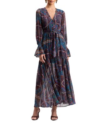 Plunge Neck Tie Waist Tiered Maxi Dress