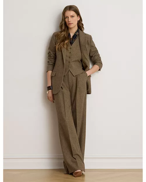 Petite Glen Plaid Brushed Wool Wide Leg Pants