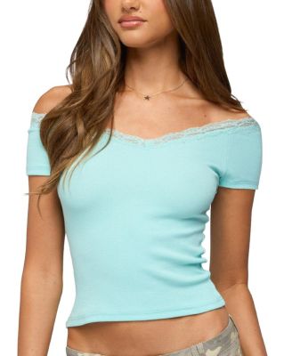  Moranne Lacey Off Shoulder Ribbed Top