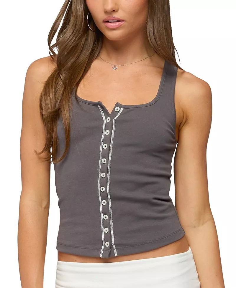 Edikted Contrast Button Up Ribbed Tank Top