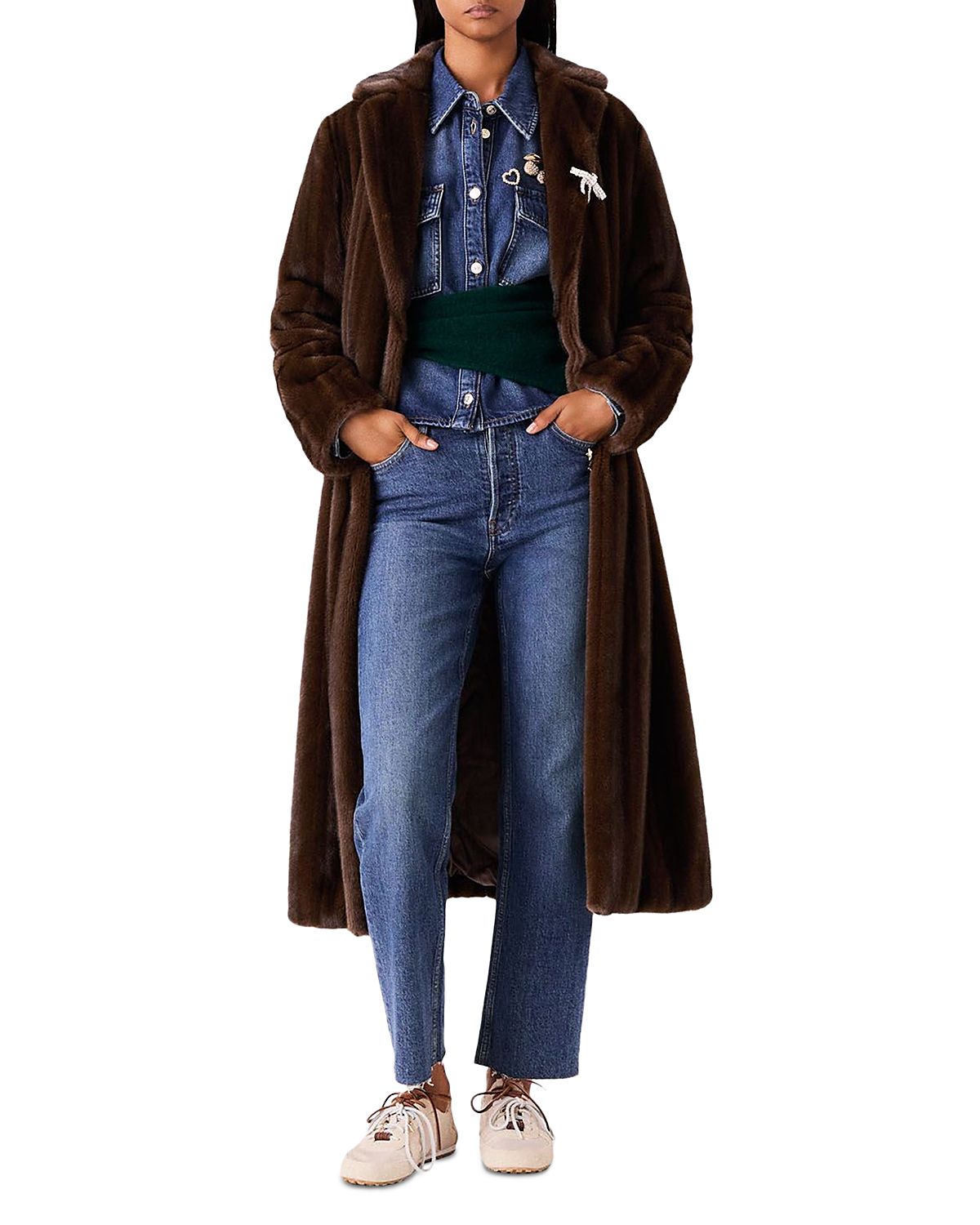 Maje Faux Fur Belted Long Coat