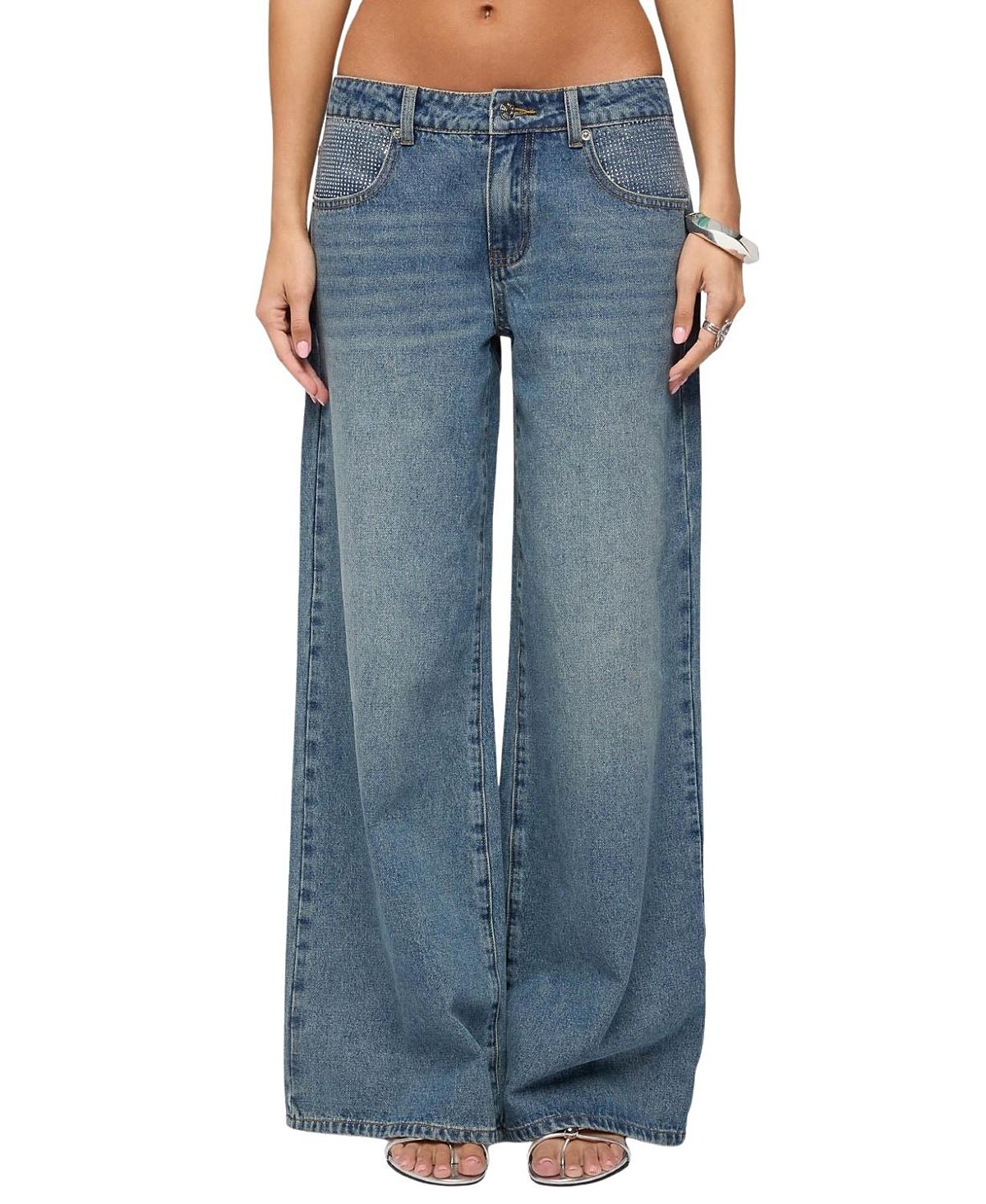 Edikted Rhinestone Low Rise Wide Leg Jeans