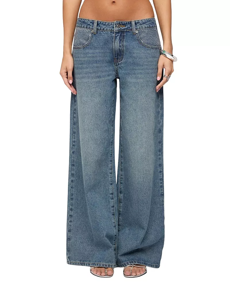 Edikted Rhinestone Low Rise Wide Leg Jeans