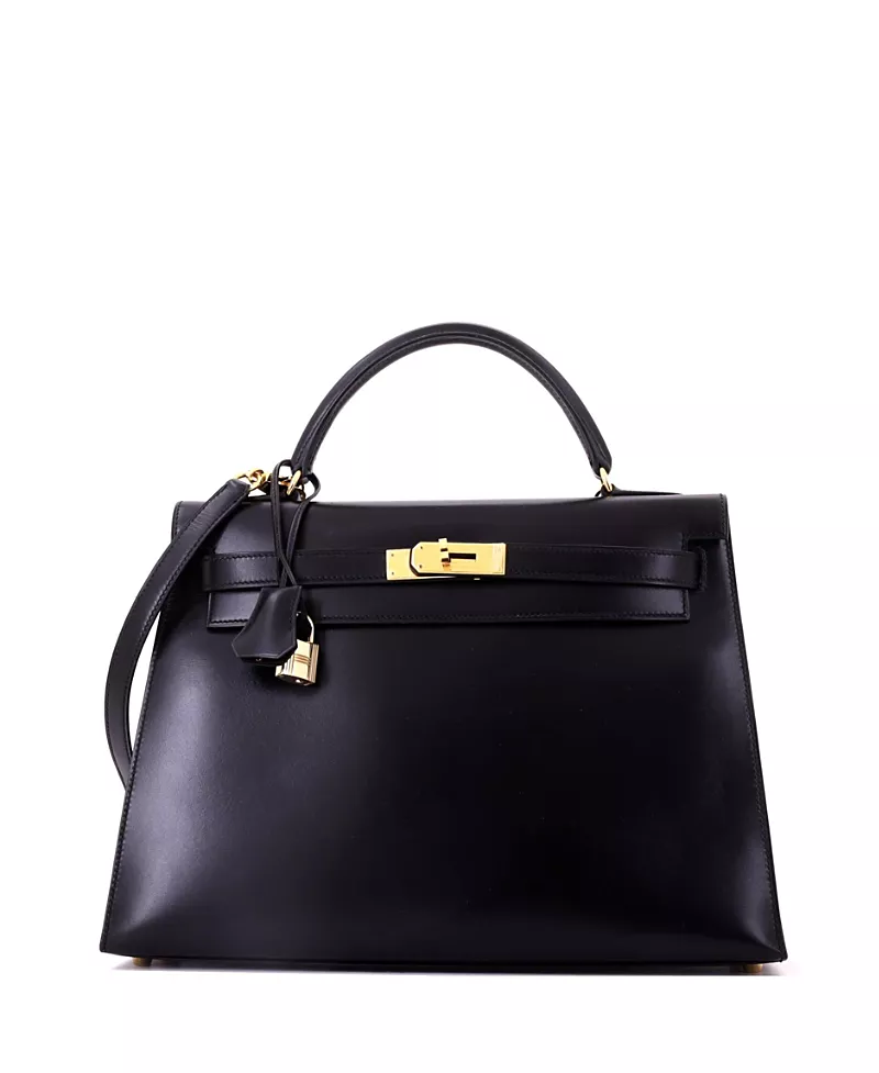 Pre-Owned HERMES Kelly 32 Box Calf & Gold Tone Hardware Handbag
