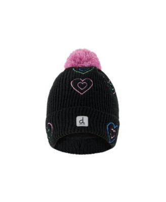  Girls' Winter Embroidered Heart Fleece-Lined Pompom Knit Hat - Little Kid, Big Kid