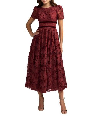 Mac Duggal A-Line Short Sleeve Lace Midi Dress