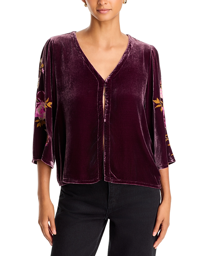 Johnny Was Velvet Embroidered Sleeve Top