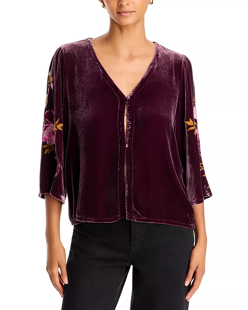 Johnny Was Velvet Embroidered Sleeve Top