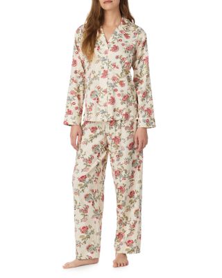 Cotton Blend Sateen Notch Collar Long Pants Pajama Set