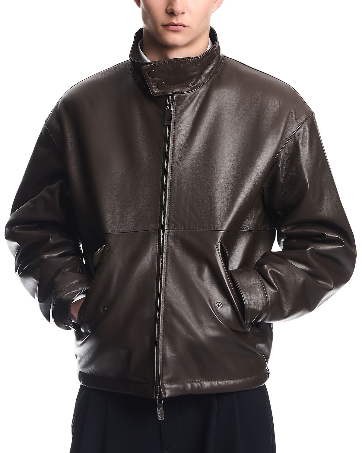 Emporio Armani Leather Stand Collar Zip Blouson Jacket