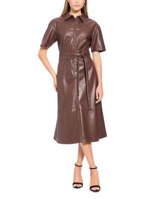 Short Sleeve Faux Leather Belted Midi Dress