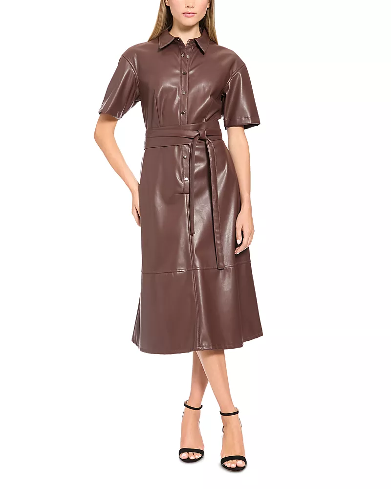 Luxely Short Sleeve Faux Leather Belted Midi Dress