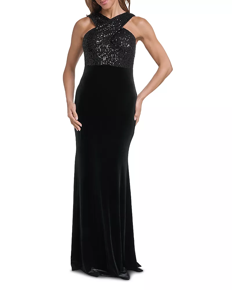 Eliza J Sequin Embellished Velvet Mermaid Gown