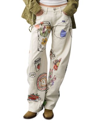 We The Free Fable Low Rise Print Bowed Jeans in Tofu Combo