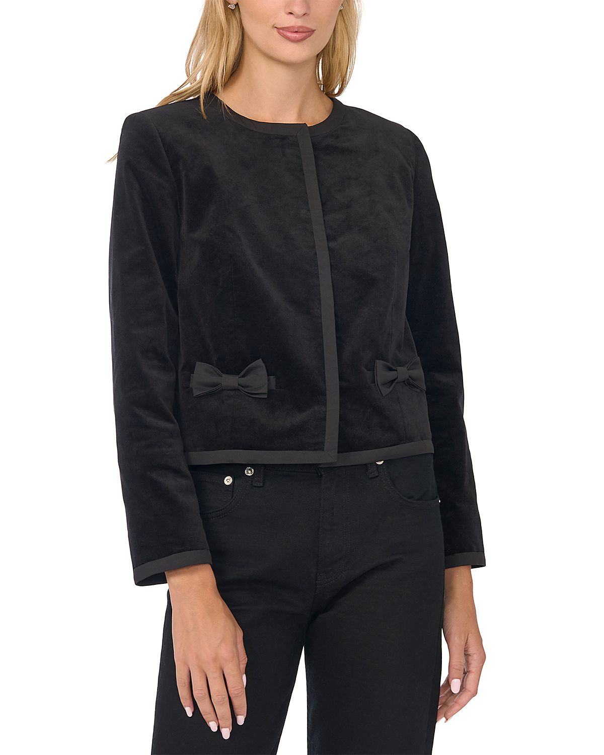 CeCe Collarless Bow Trim Jacket