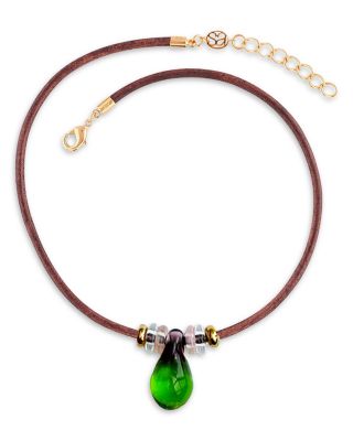 Glass Buoy Leather Cord Pendant Necklace, 13.39-14.76"