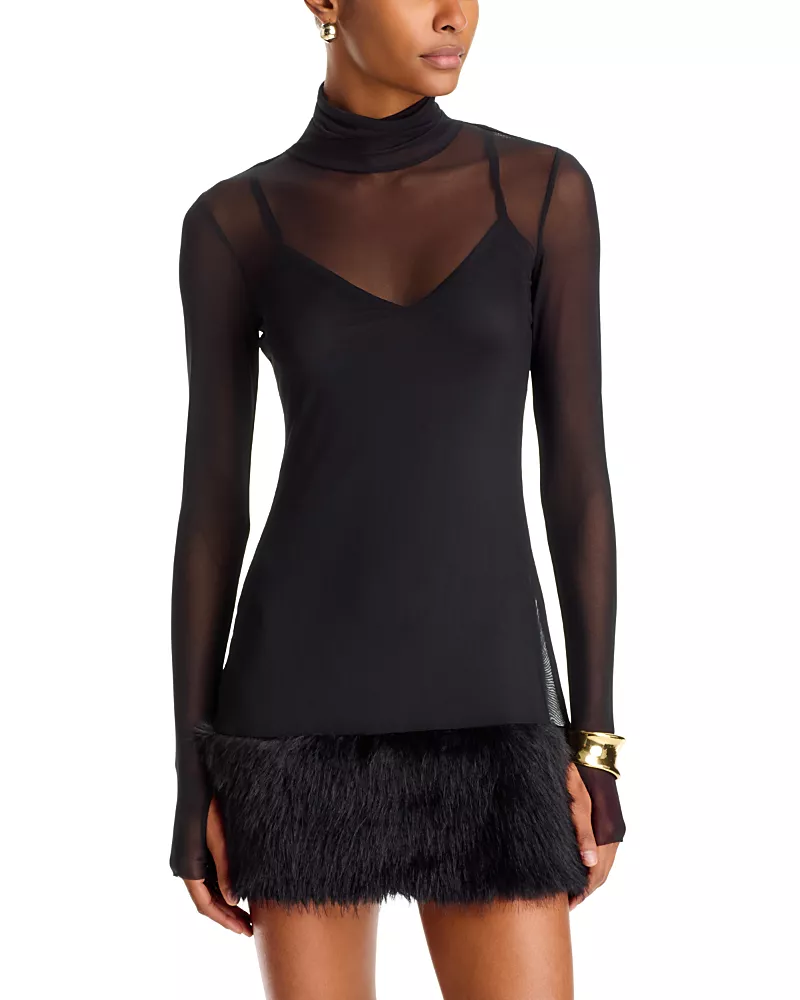 Afrm Saige Faux Fur Trim Mesh Mini Dress