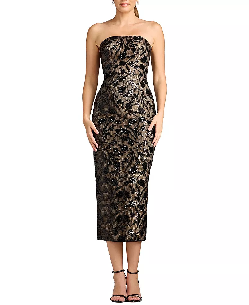 Dress the Population Viviana Strapless Sequin Bodycon Tea-Length Dress