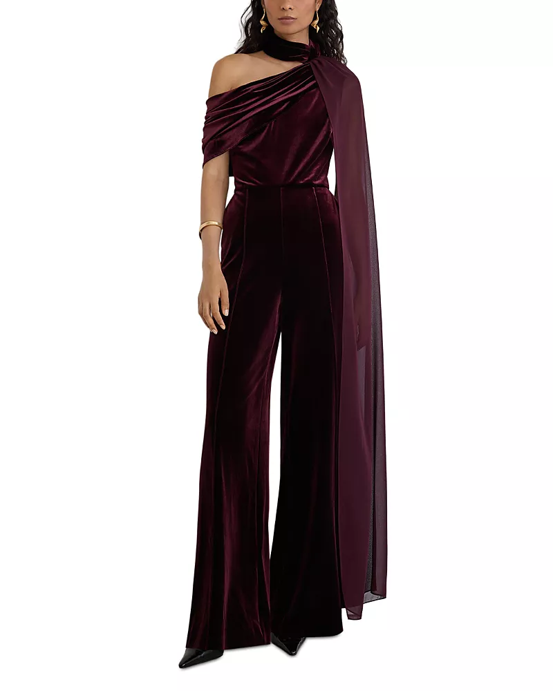 Reiss Carrie Stretch Velvet One Shoulder Jumpsuit