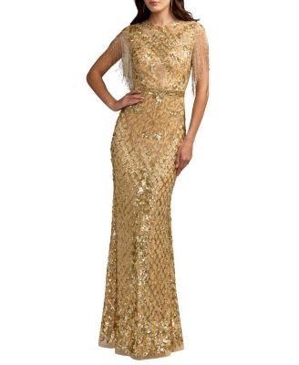  High Neck Sleeveless Beaded Fringe Fitted Gown